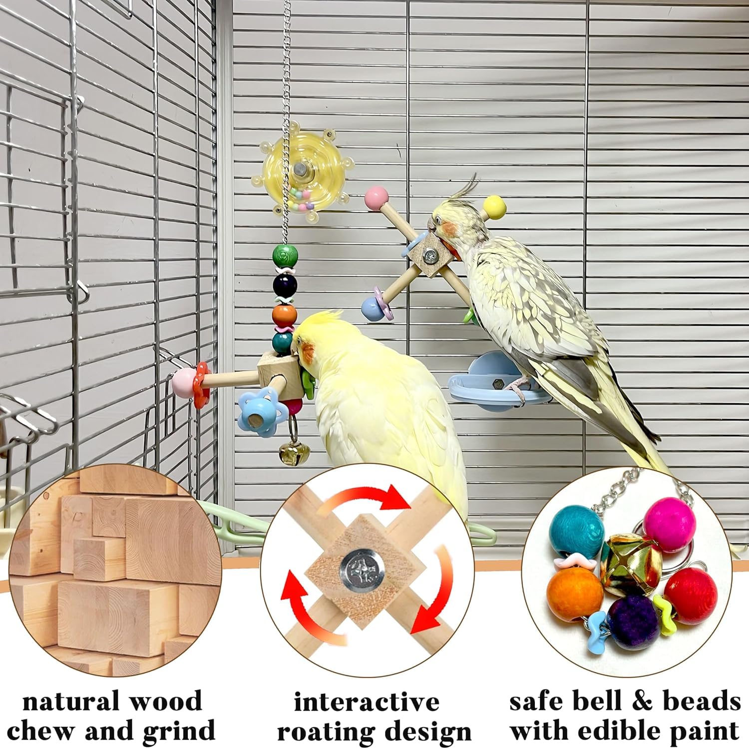 Jevnd Bird Spinner Toy features natural wood safe for chewing and beak wear.