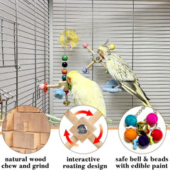 Jevnd Bird Spinner Toy features natural wood safe for chewing and beak wear.