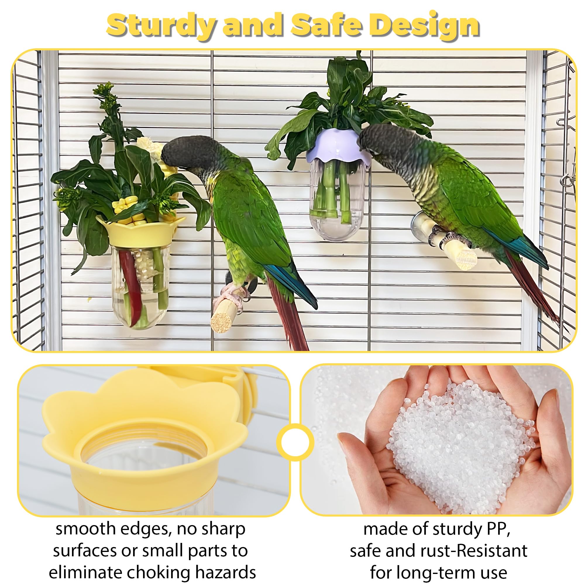 Jevnd no-mess feeder for parrots reduces waste and mess.