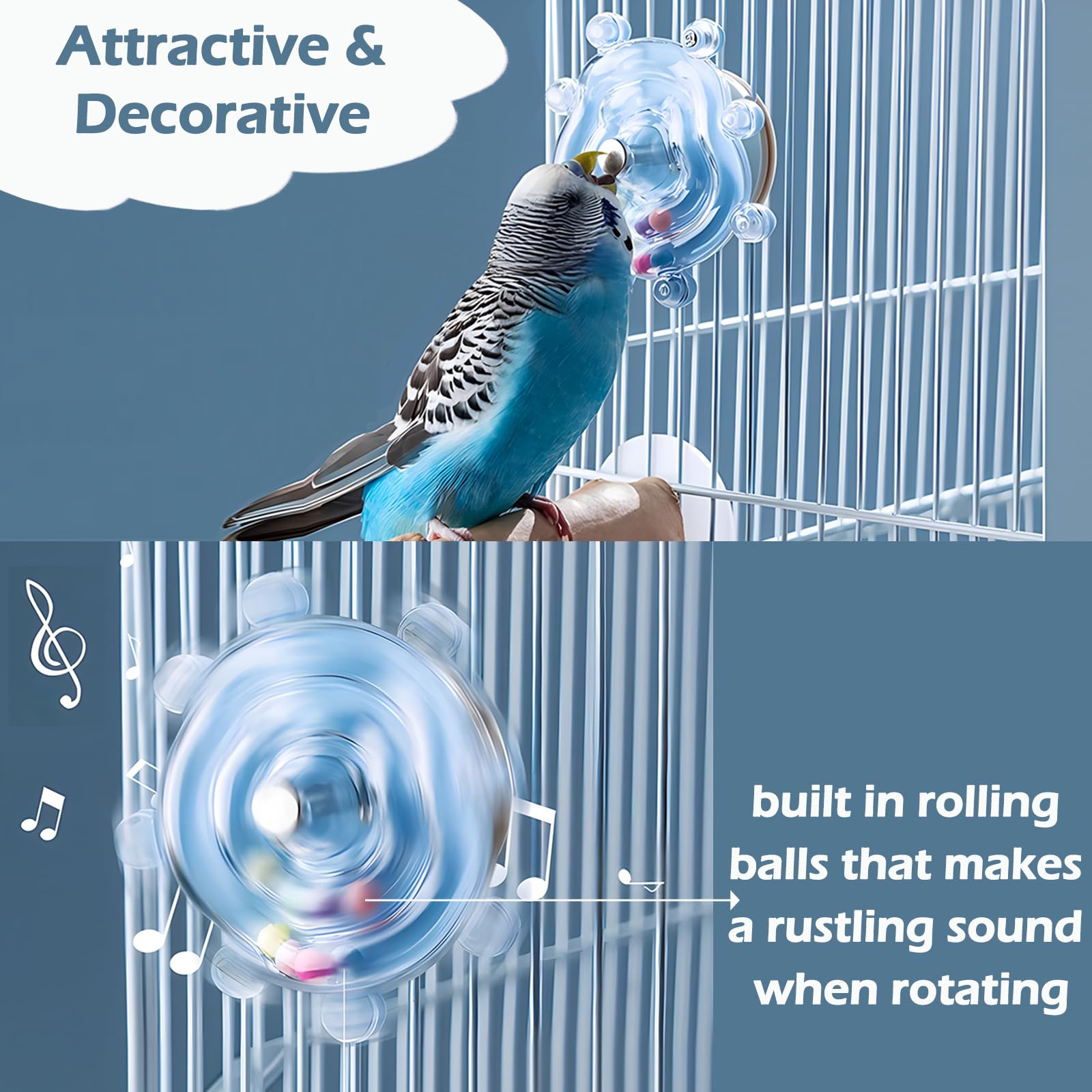 Jevnd parakeet toy spiral buckle attachment shows easy cage mounting and interactive play.