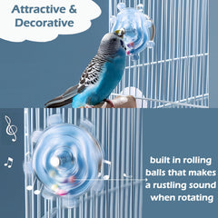 Jevnd parakeet toy spiral buckle attachment shows easy cage mounting and interactive play.