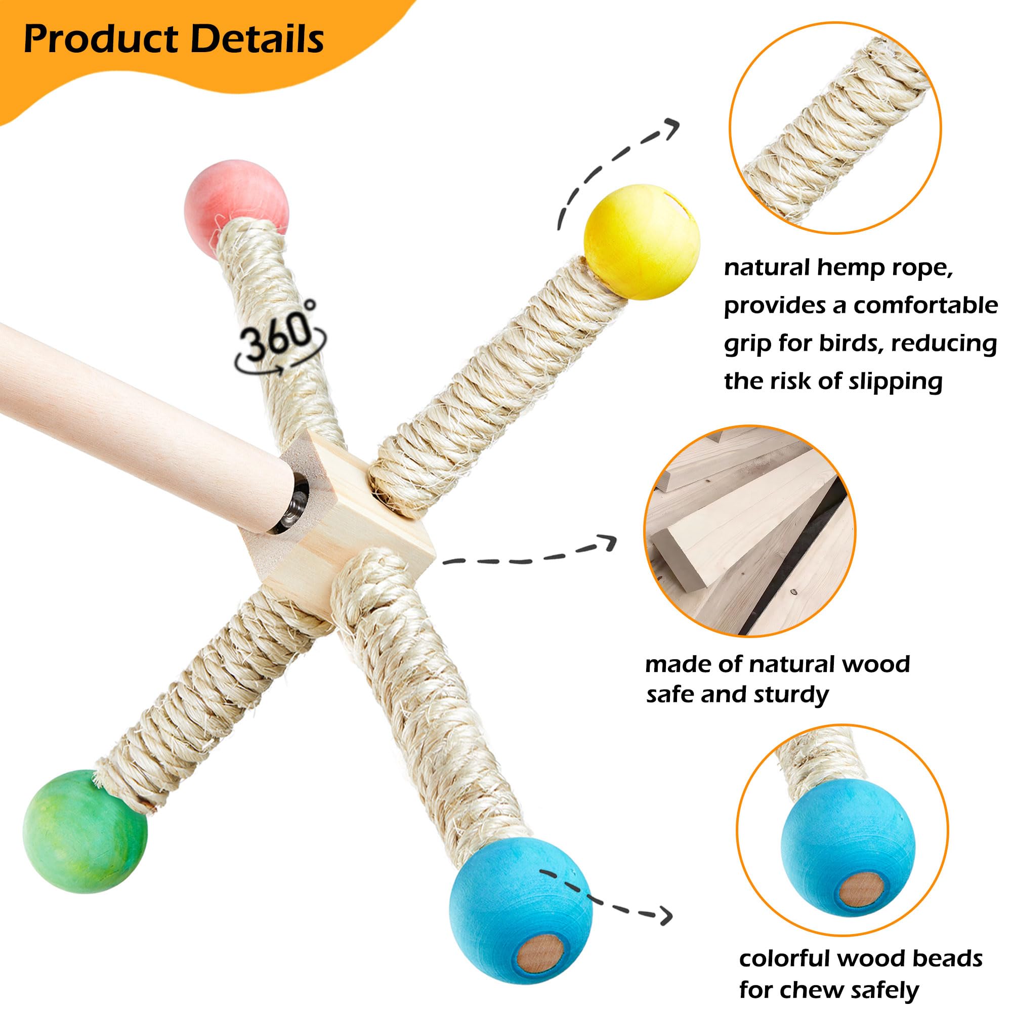 Jevnd spinning wooden perches encourage birds to exercise and explore