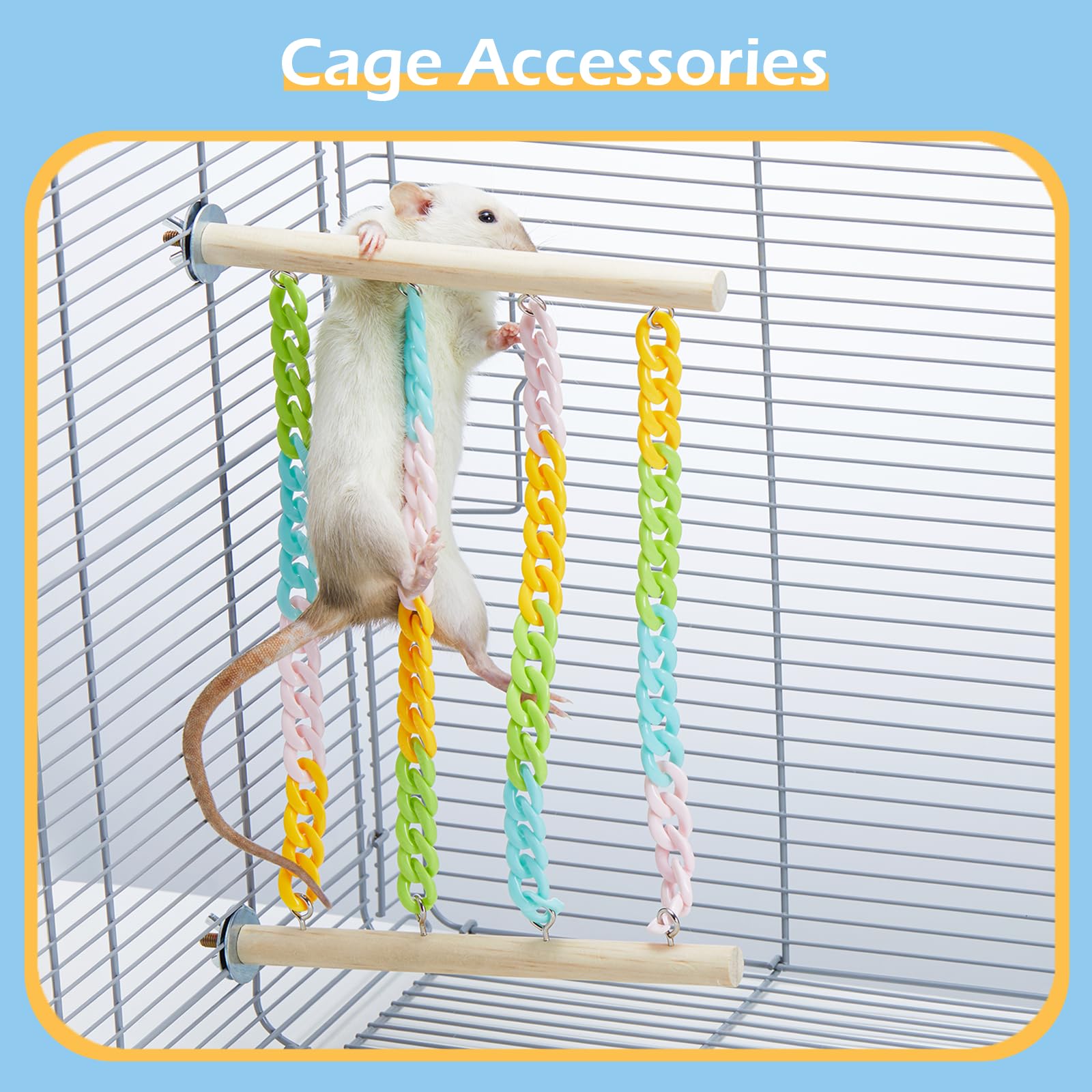 Jevnd cage enrichment toy is versatile for horizontal, vertical, or angled hangs.