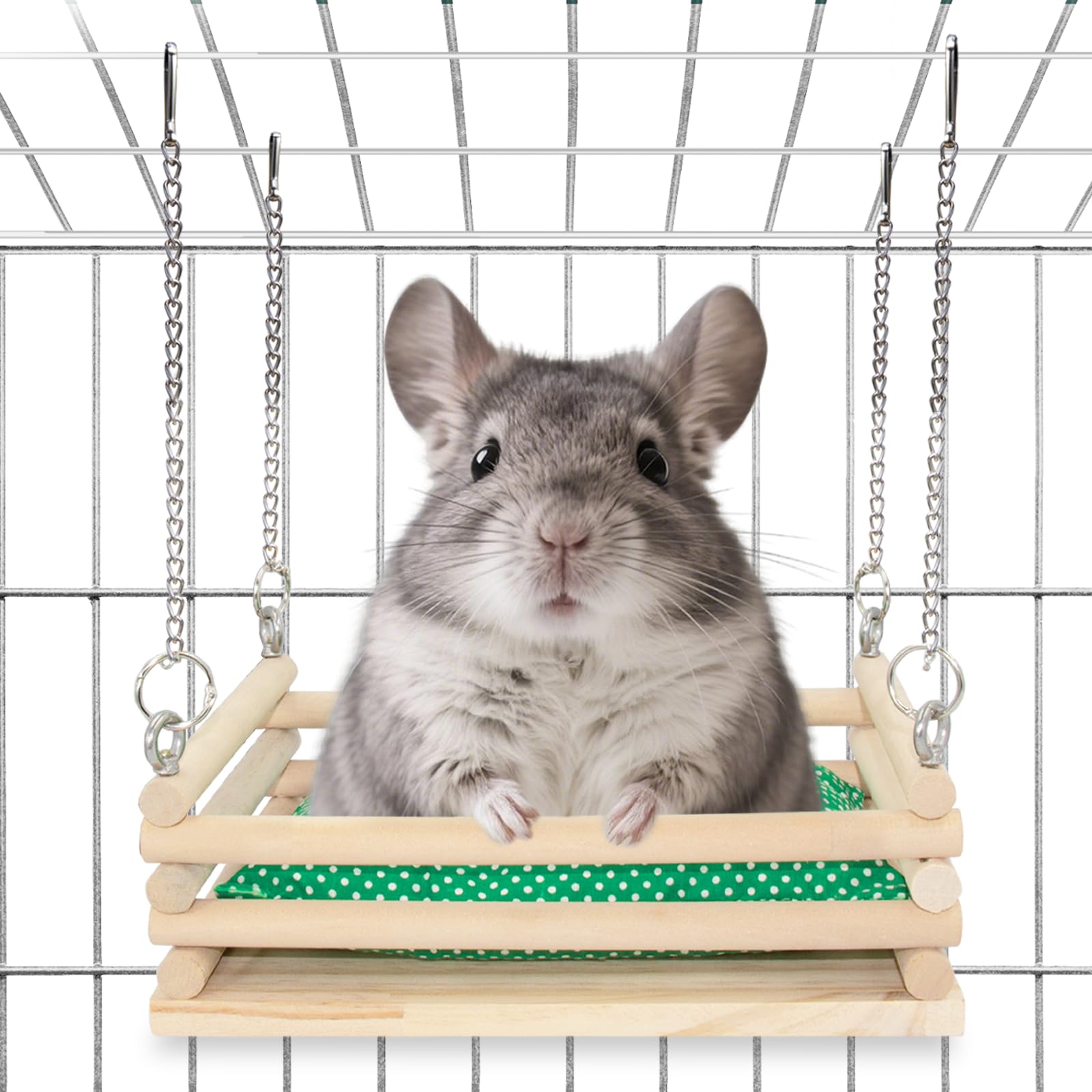 Jevnd wooden chinchilla hammock in cage provides a cozy resting spot and climbing fun.