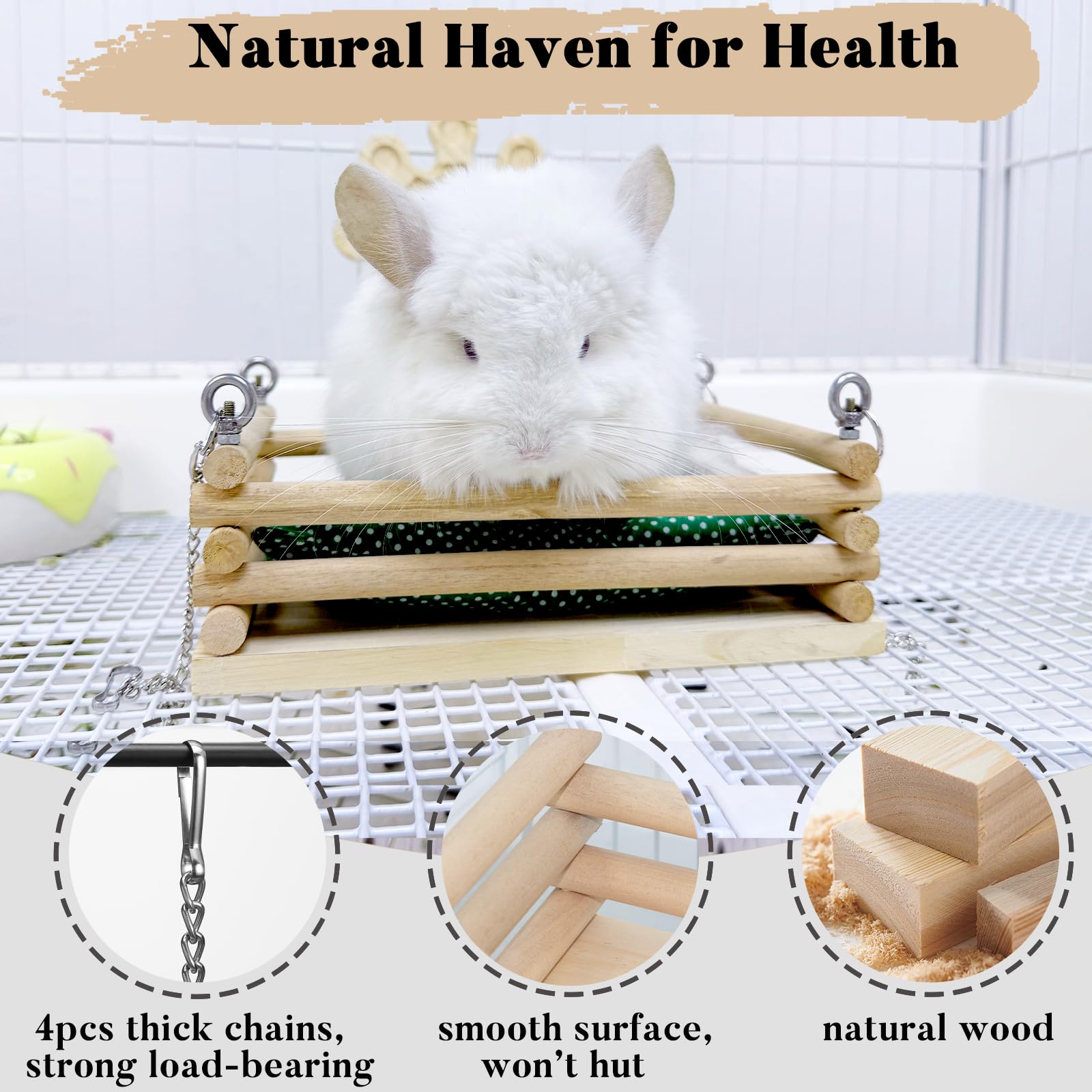 Jevnd wooden-platform-swing enables active play and enrichment in the cage.