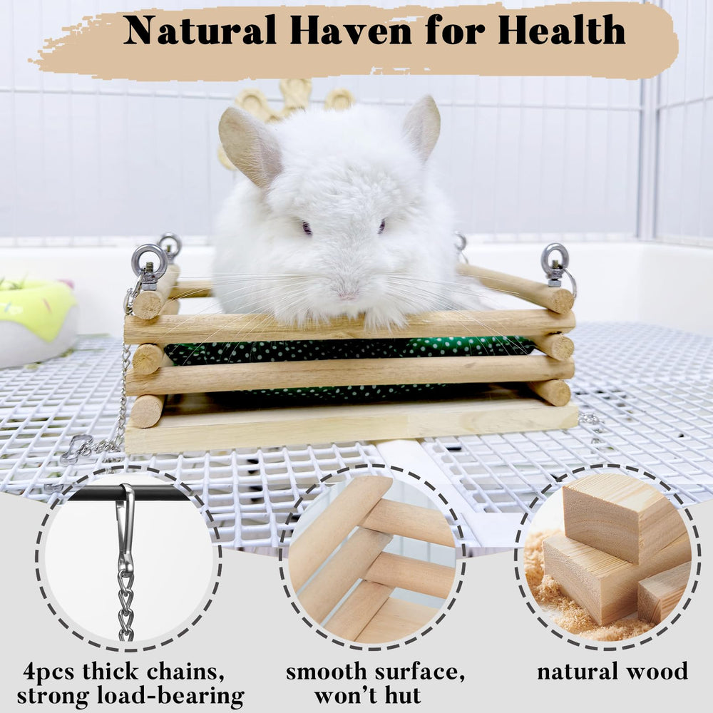 Jevnd wooden-platform-swing enables active play and enrichment in the cage.