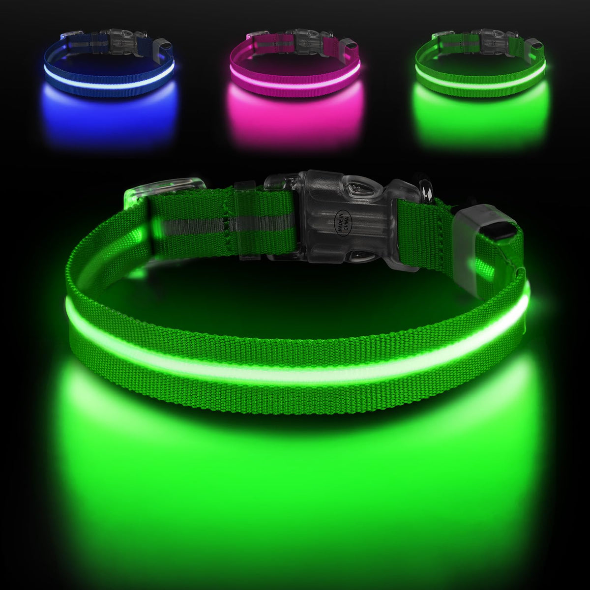 Jewyow light up dog collar shows 360-degree visibility for safe night walks.