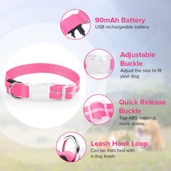 Jewyow light up dog collar pink adjustable buckle close-up fits medium dogs for snug fit