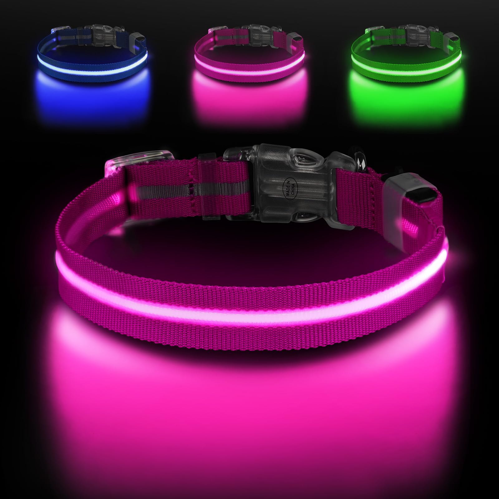 Jewyow light-up dog collar pink large front view with 360-degree glow for safety