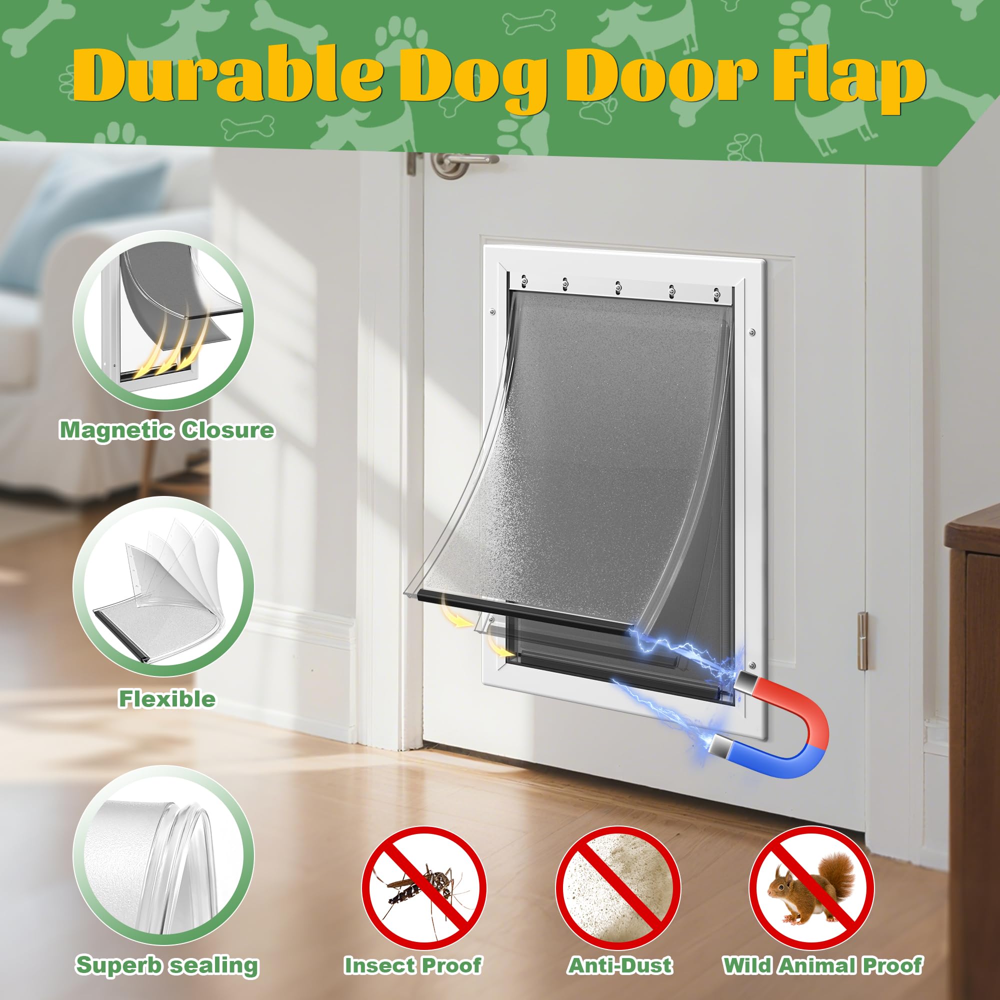 JeyPawv 3-flap dog door replacement kit with multiple components.