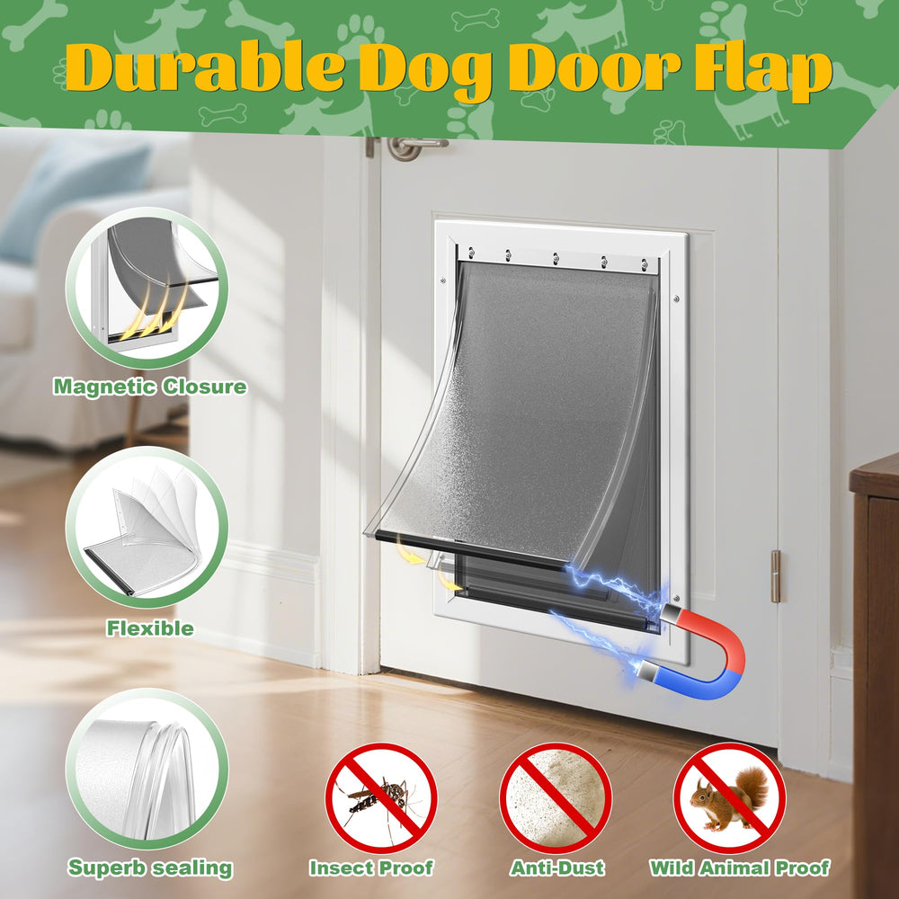 JeyPawv 3-flap dog door replacement kit with multiple components.