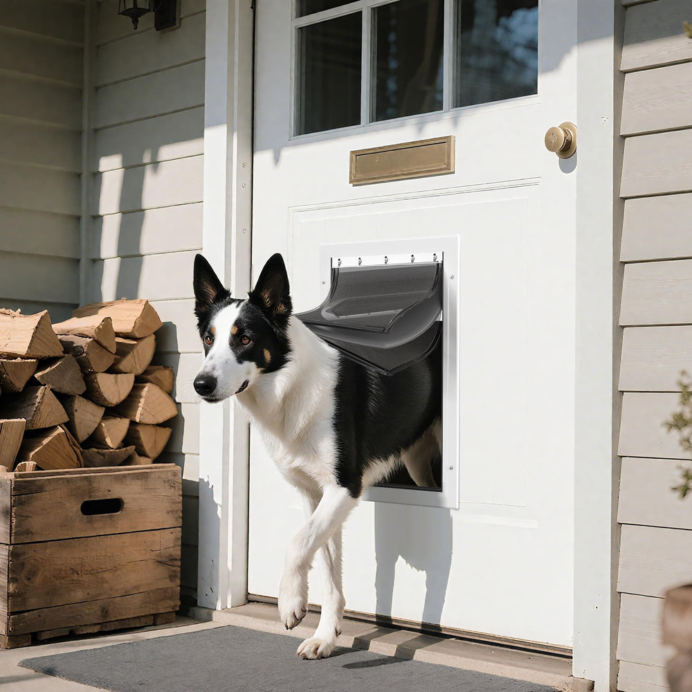 JeyPawv smoky translucent flap on door blends with aesthetic while providing visibility.