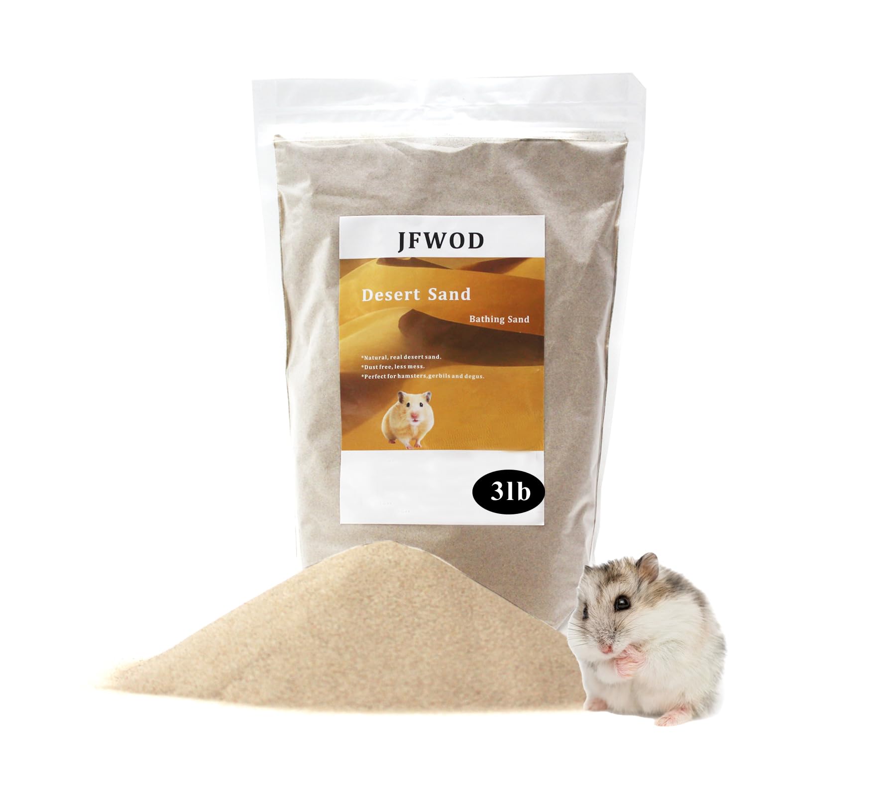 JFWOD hamster bath sand bag closeup — fragrance-free desert sand for safe baths.