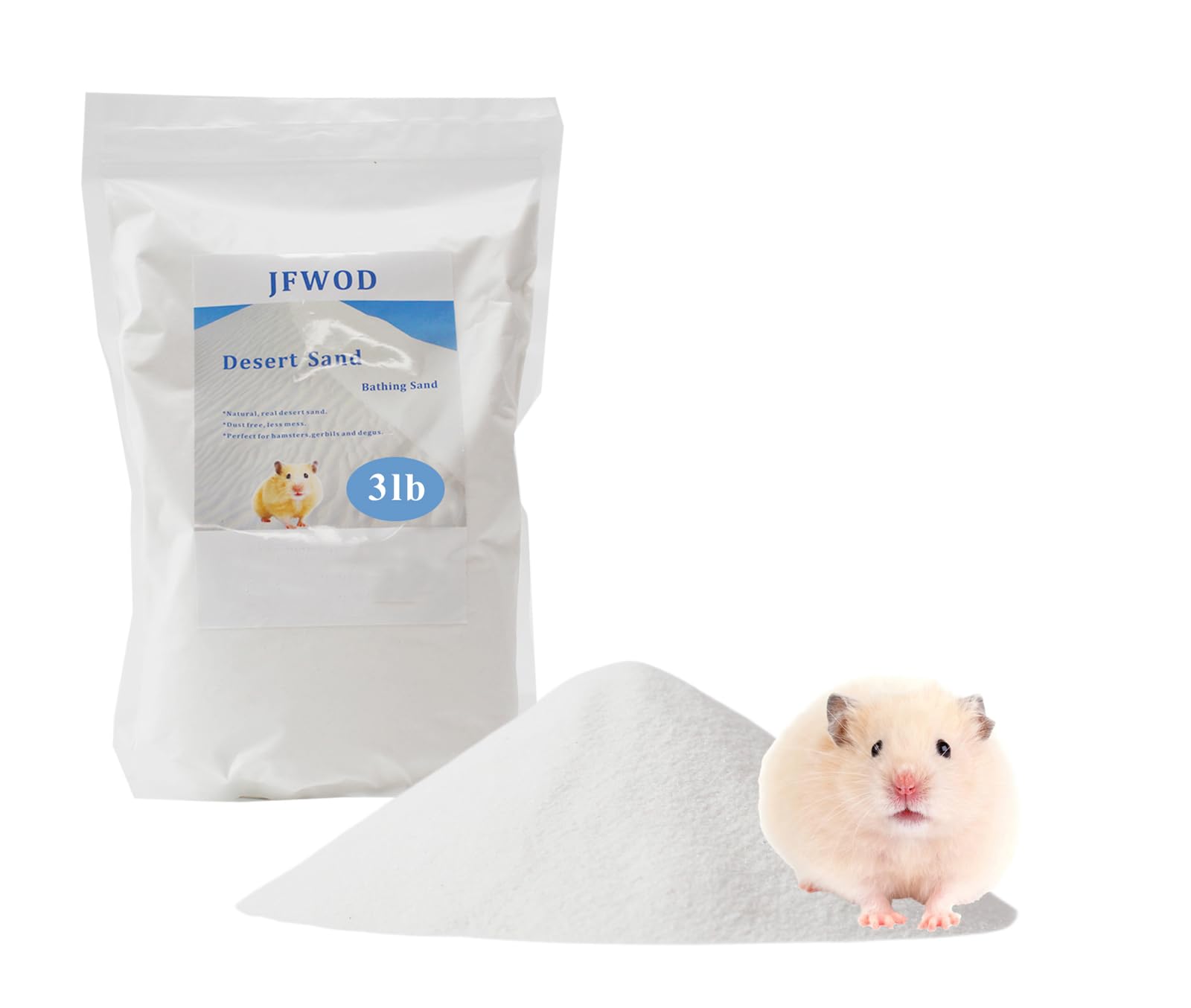 JFWOD hamster bath sand packaging shows dust-free desert sand for safe baths.