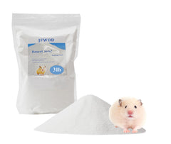JFWOD hamster bath sand packaging shows dust-free desert sand for safe baths.