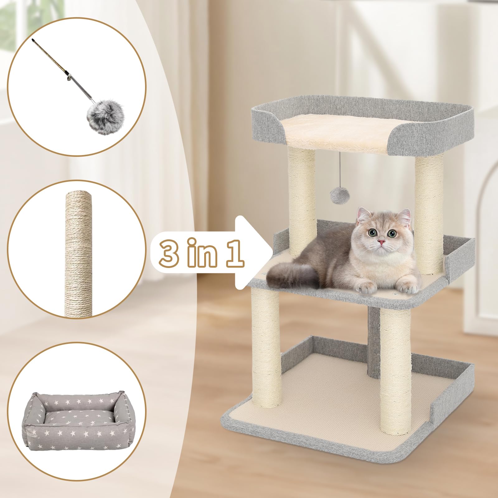 Jgchonwen cat tree 3-layer wool brushed twill grey – warmth and fur cleanup