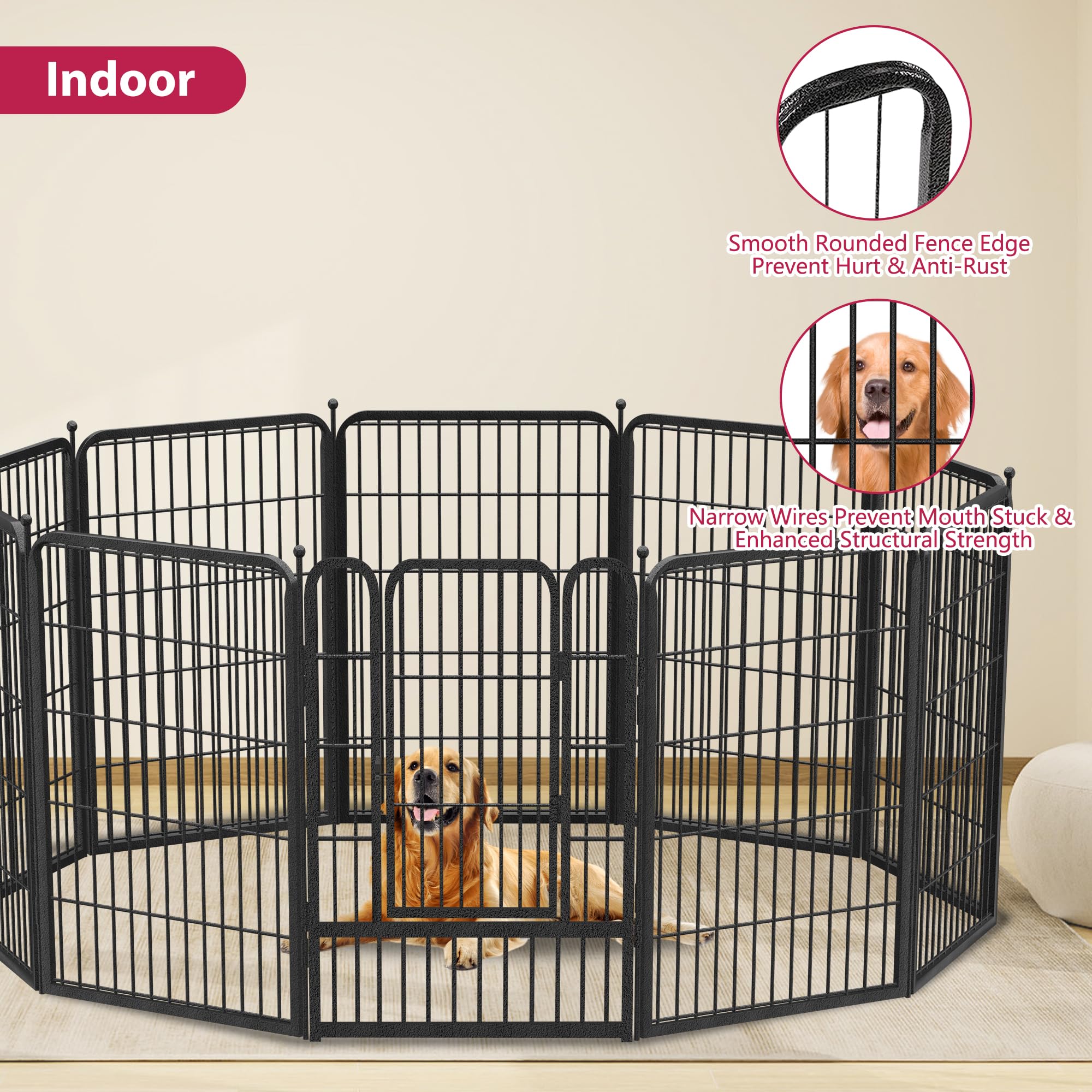 Jhsomdr dog playpen anti-slip feet and flat stakes for stable indoor or outdoor setup