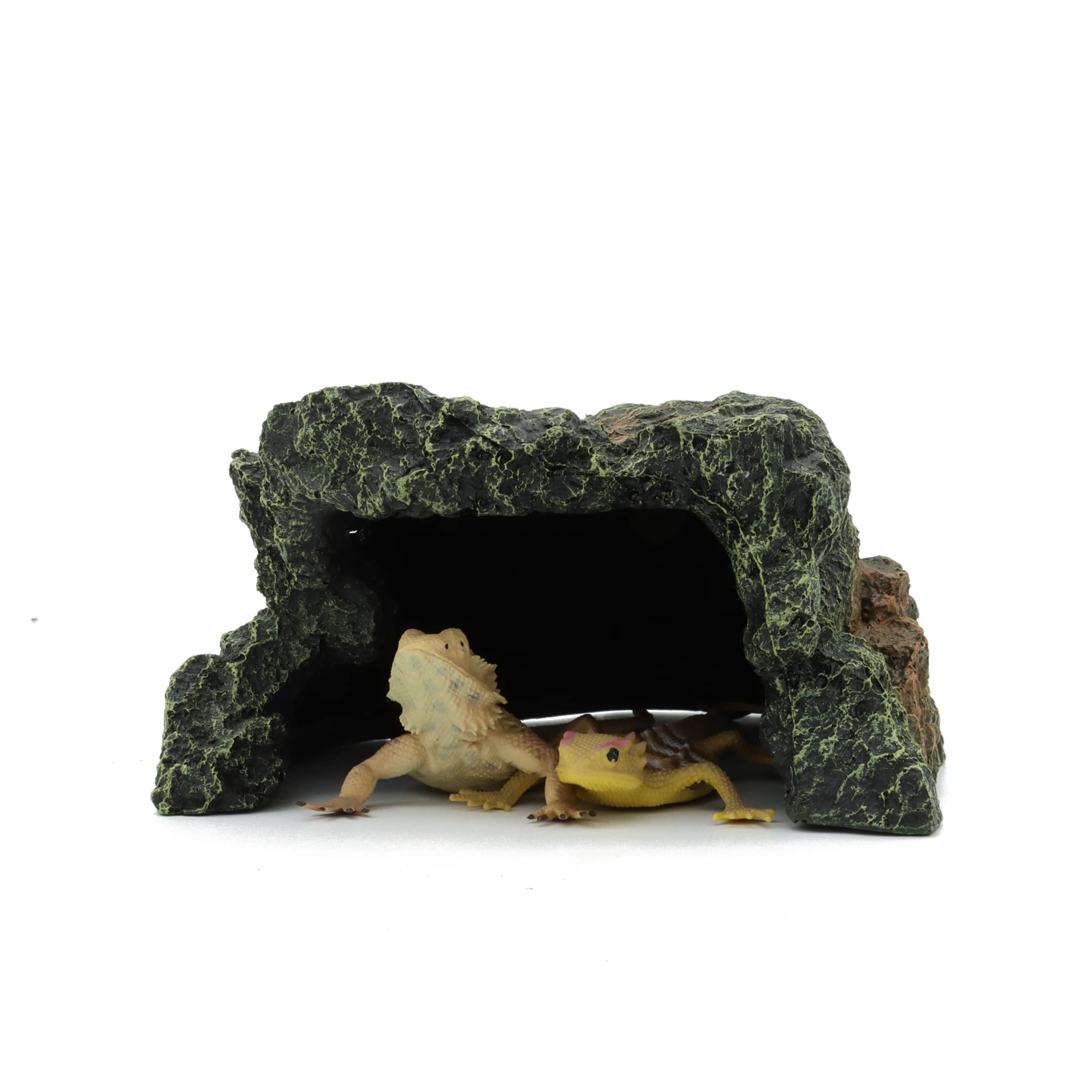 Jihaqua Reptile Rock Hide Cave in-use with bearded dragon for privacy.