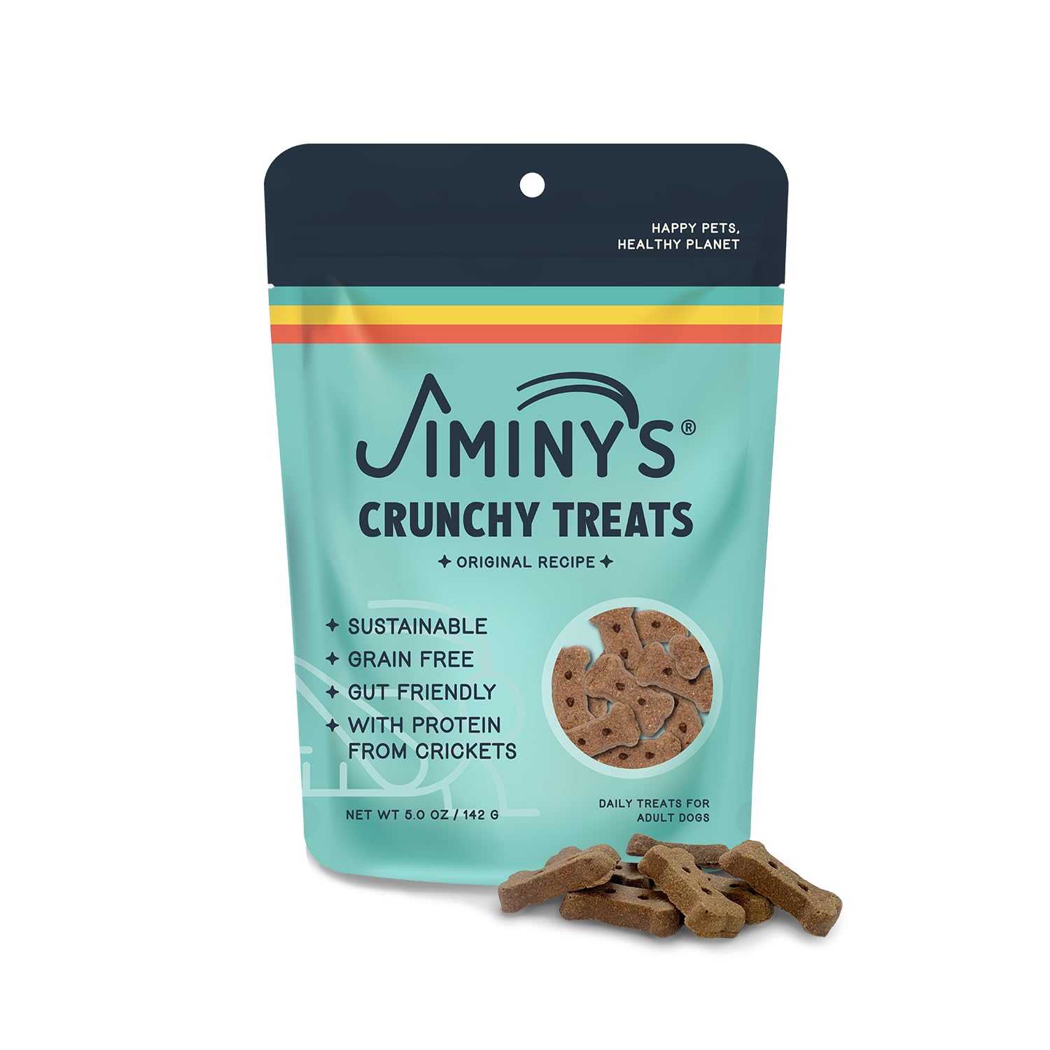 Jiminy's Crunchy Original Peanut Butter & Pumpkin dog treat packaging showcases hypoallergenic, sustainable snacking.