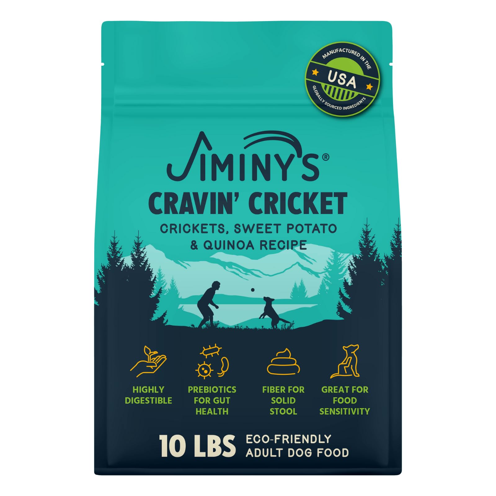 Jiminy's Cravin' Cricket dry dog food bag front highlighting probiotic gut support.