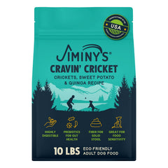 Jiminy's Cravin' Cricket dry dog food bag front highlighting probiotic gut support.