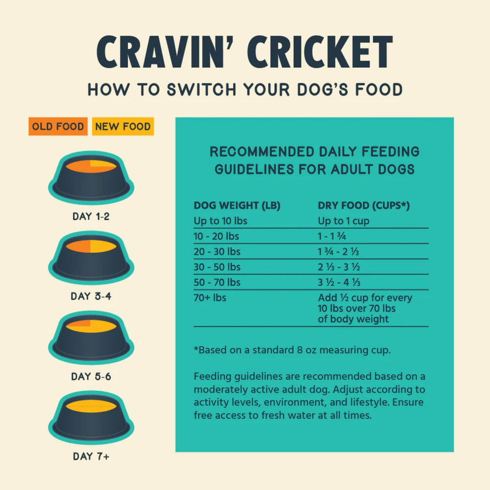 Jiminy's Cravin' Cricket dry dog food close-up shows cricket protein with quinoa and sweet potato.