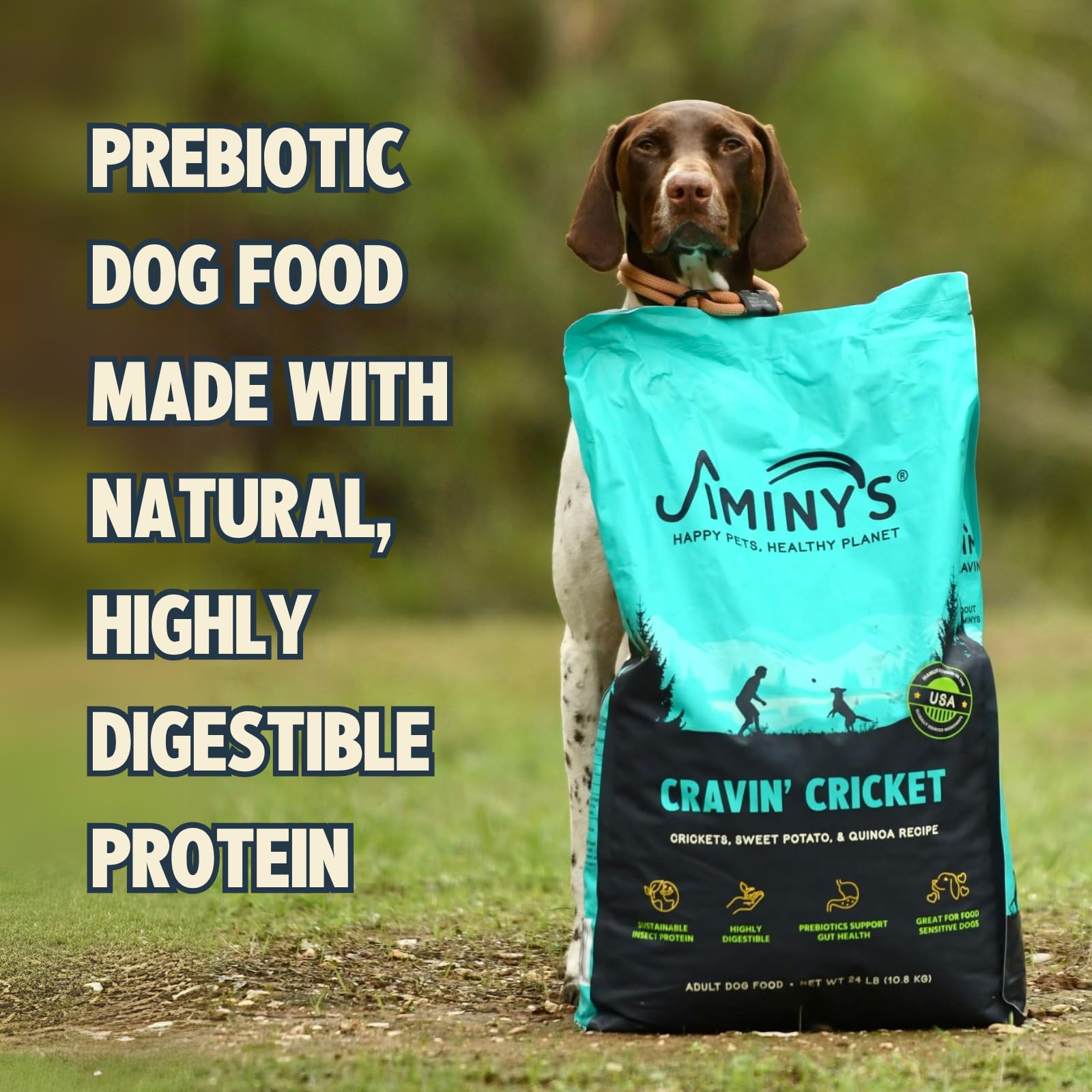 Jiminy's Cravin' Cricket dry dog food helps dogs enjoy meals and supports gut health.