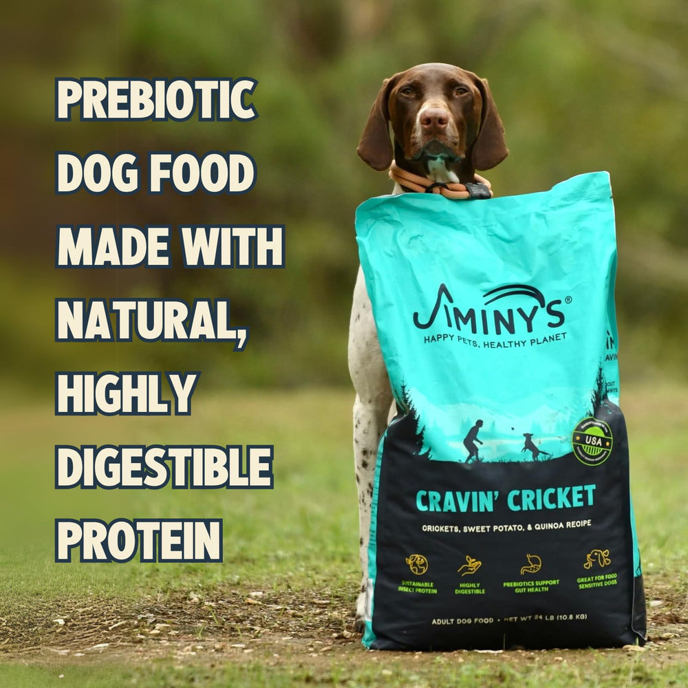 Jiminy's Cravin' Cricket dry dog food helps dogs enjoy meals and supports gut health.