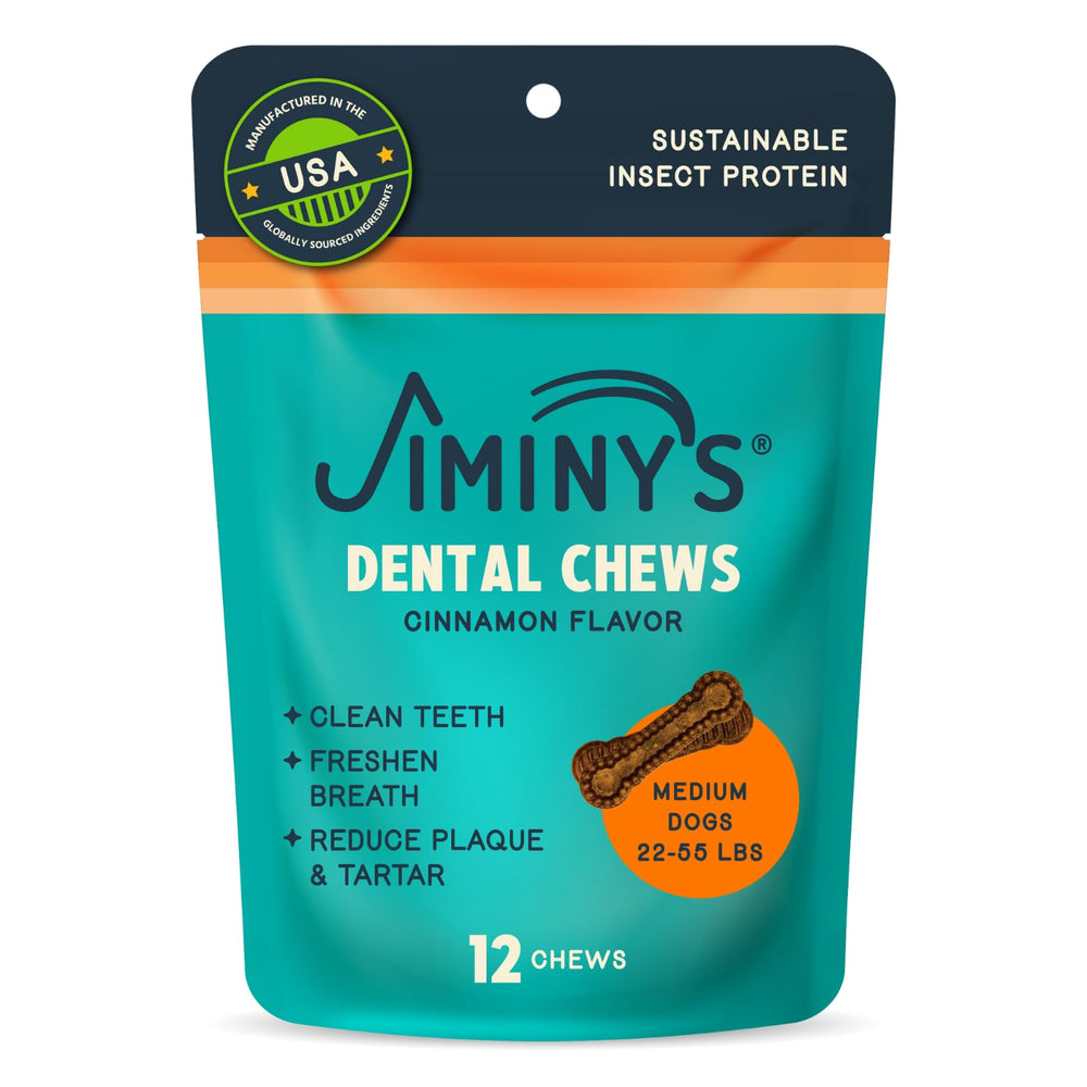 Jiminy's dental chews in a bowl highlight cinnamon flavor and breath-freshening potential.