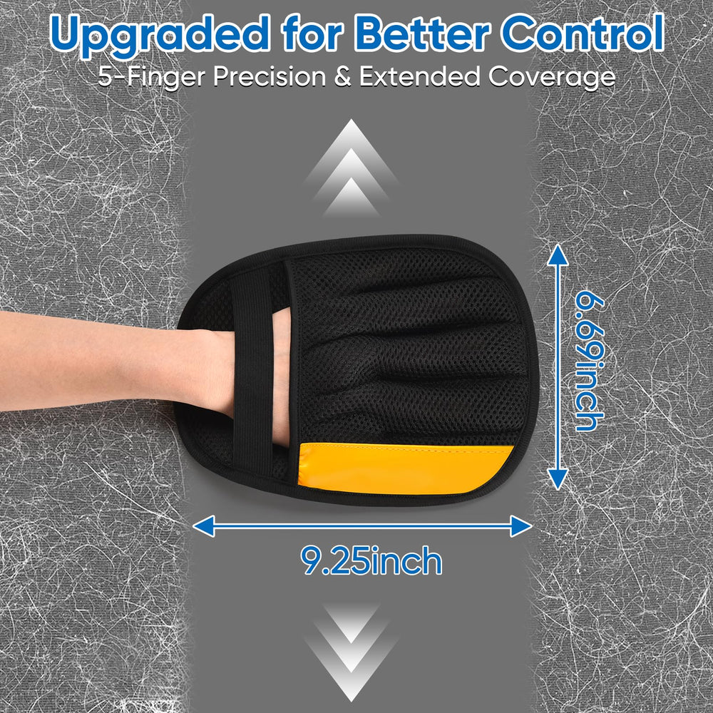 Jimtoiny five-finger grooming glove on sofa showing precise reach into crevices with ease.