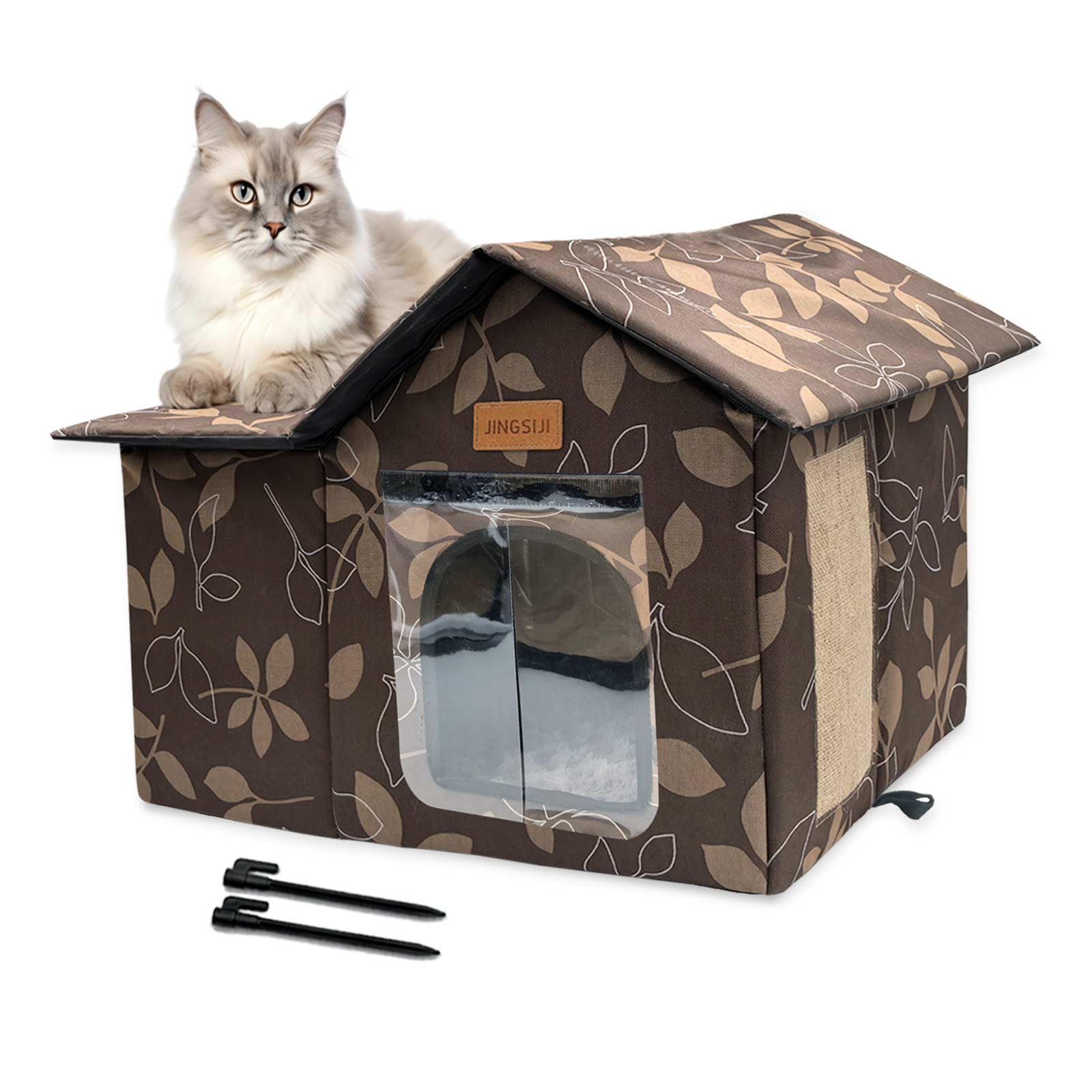 JINGSIJI outdoor cat house front view — weatherproof shelter for outdoor use.