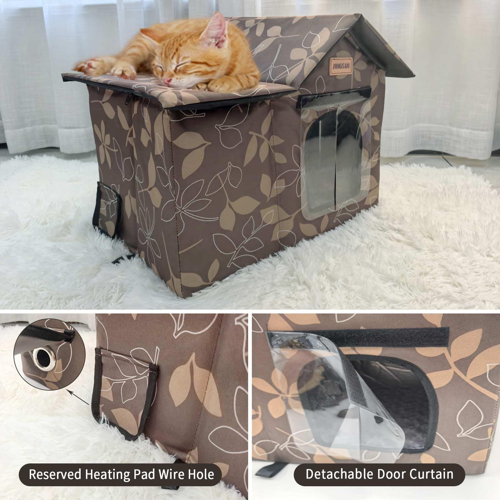 JINGSIJI outdoor cat house waterproof material provides rain and sun protection.