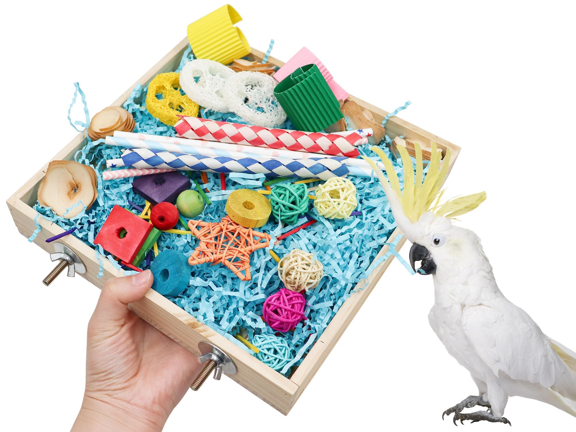 Jinkoozz Wooden Parrot Shredding Toy Box image, promoting natural chewing and mental exercise.