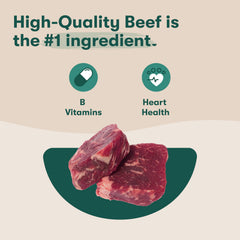 Jinx Beef Wet Dog Food Topper ingredient closeup highlights real beef and bone broth.