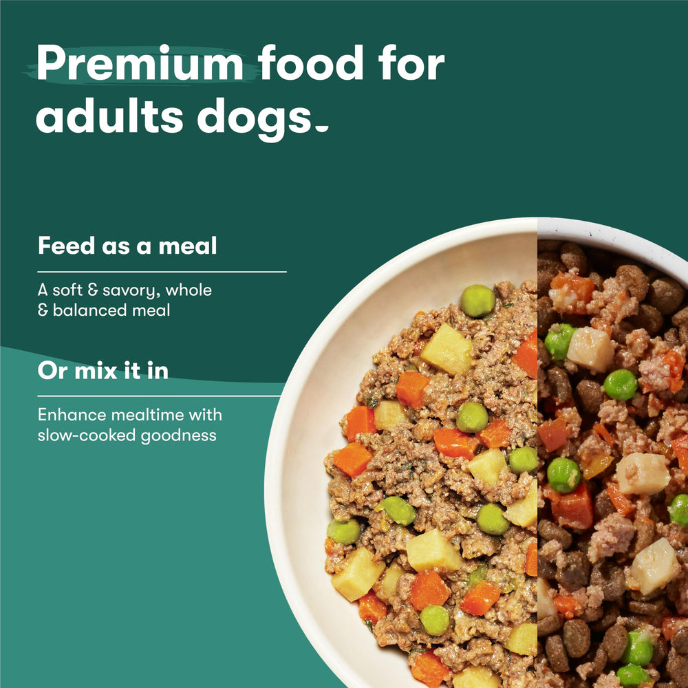 Jinx Beef Wet Dog Food Topper pouch opens for quick, mess-free serving.