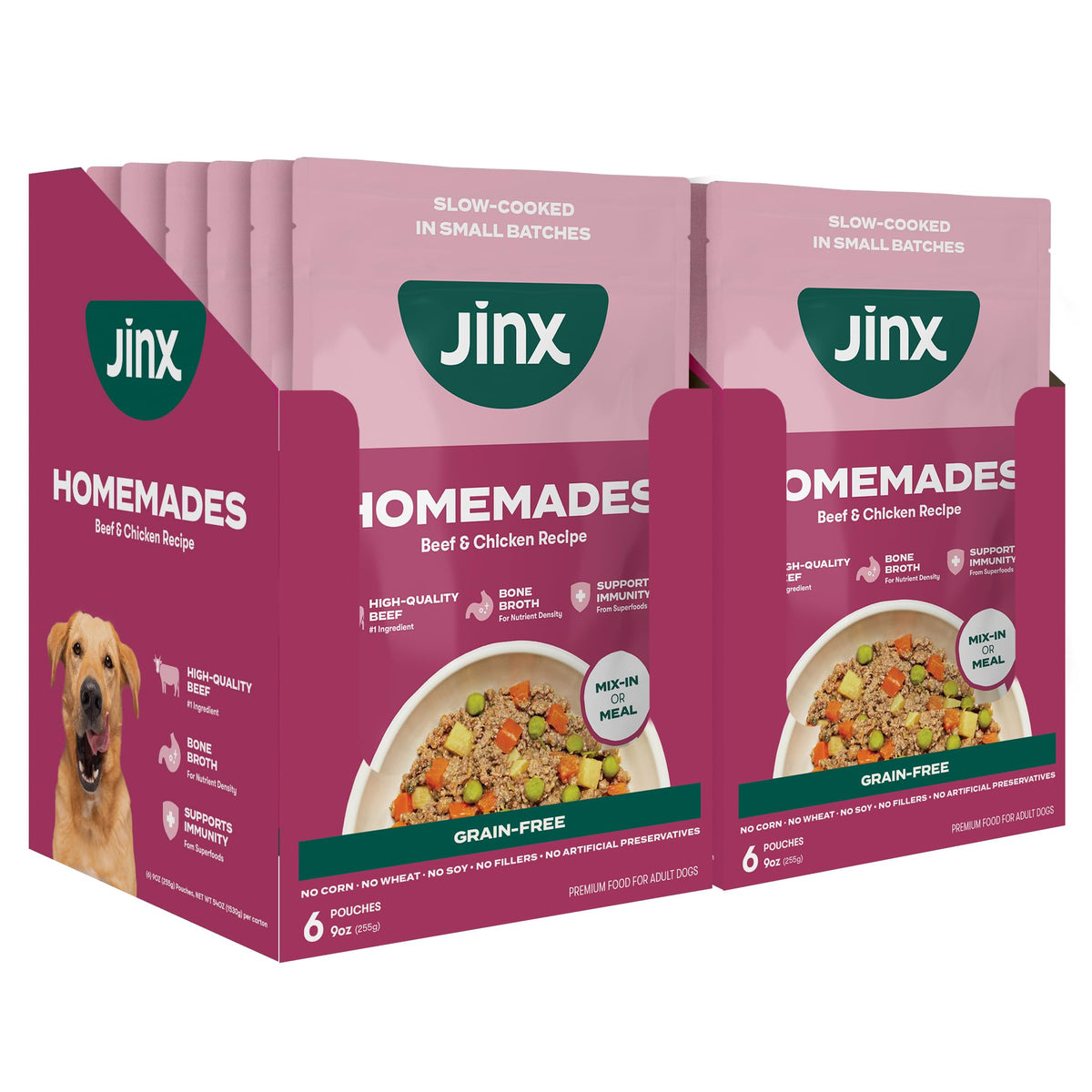 Jinx Beef Wet Dog Food Topper pour boosts flavor for dry meals.