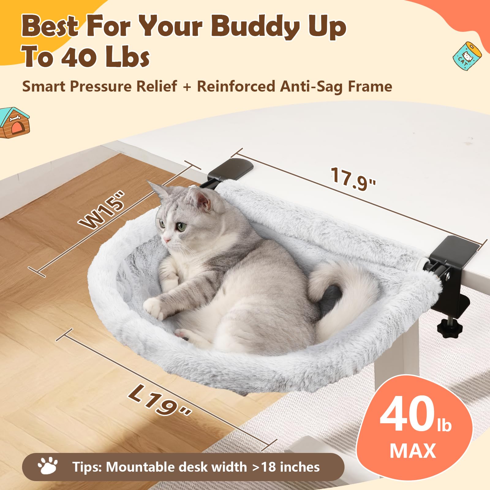 JinxZap X-Large Cat Desk Bed 19x15 inch space provides roomy perch beside your workspace.
