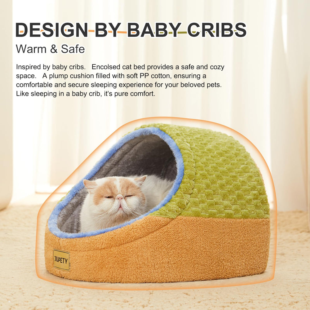 Jiupety cave bed interior green close-up highlights plush cushion for warm snuggling.