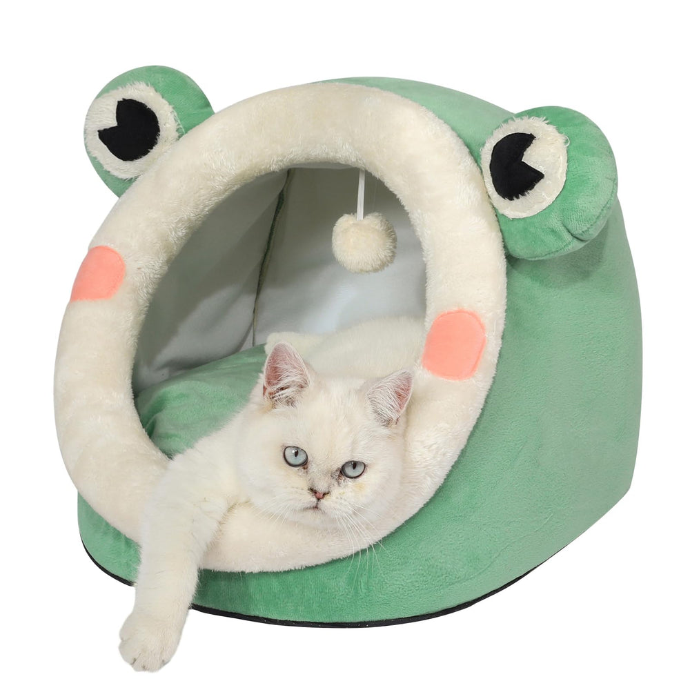 Jiupety cute cat bed exterior in green frog for cozy igloo lounging.
