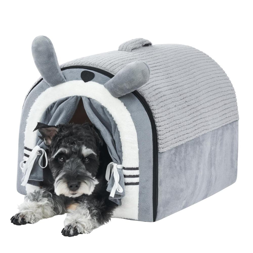 Jiupety dog cave bed with door-curtain closed offers secure, cozy shelter