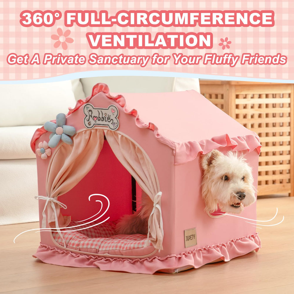 Jiupety pink dog tent bed with door curtain for added privacy