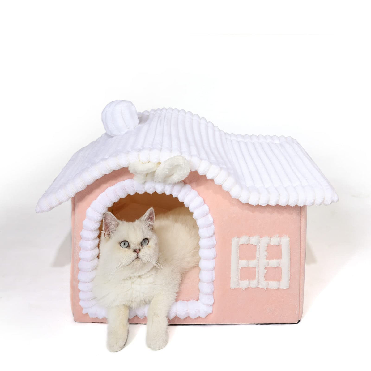 Jiupety Rabbit Cat House front view with chimney in pink for cozy hideaway.