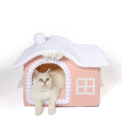 Jiupety Rabbit Cat House front view with chimney in pink for cozy hideaway.