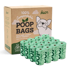 JIWON dog poop bags showing 20-micron thickness for leak-resistant cleanup.