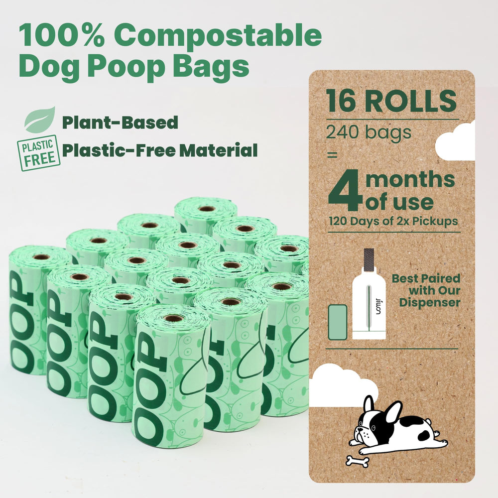 JIWON plant-based compostable material highlights plastic-free waste disposal during walks.