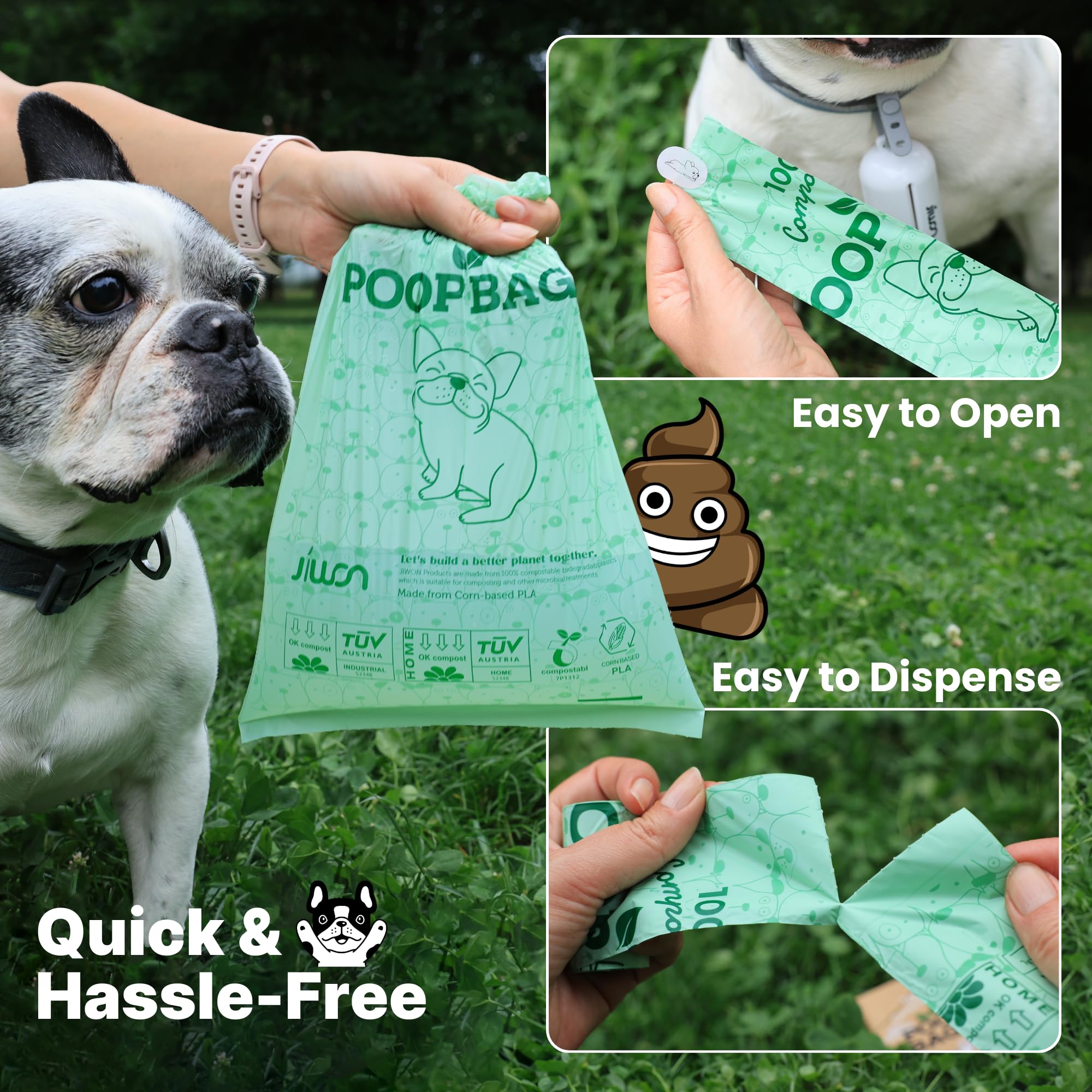 JIWON plastic-free dog waste bags in use for eco-friendly cleanup.