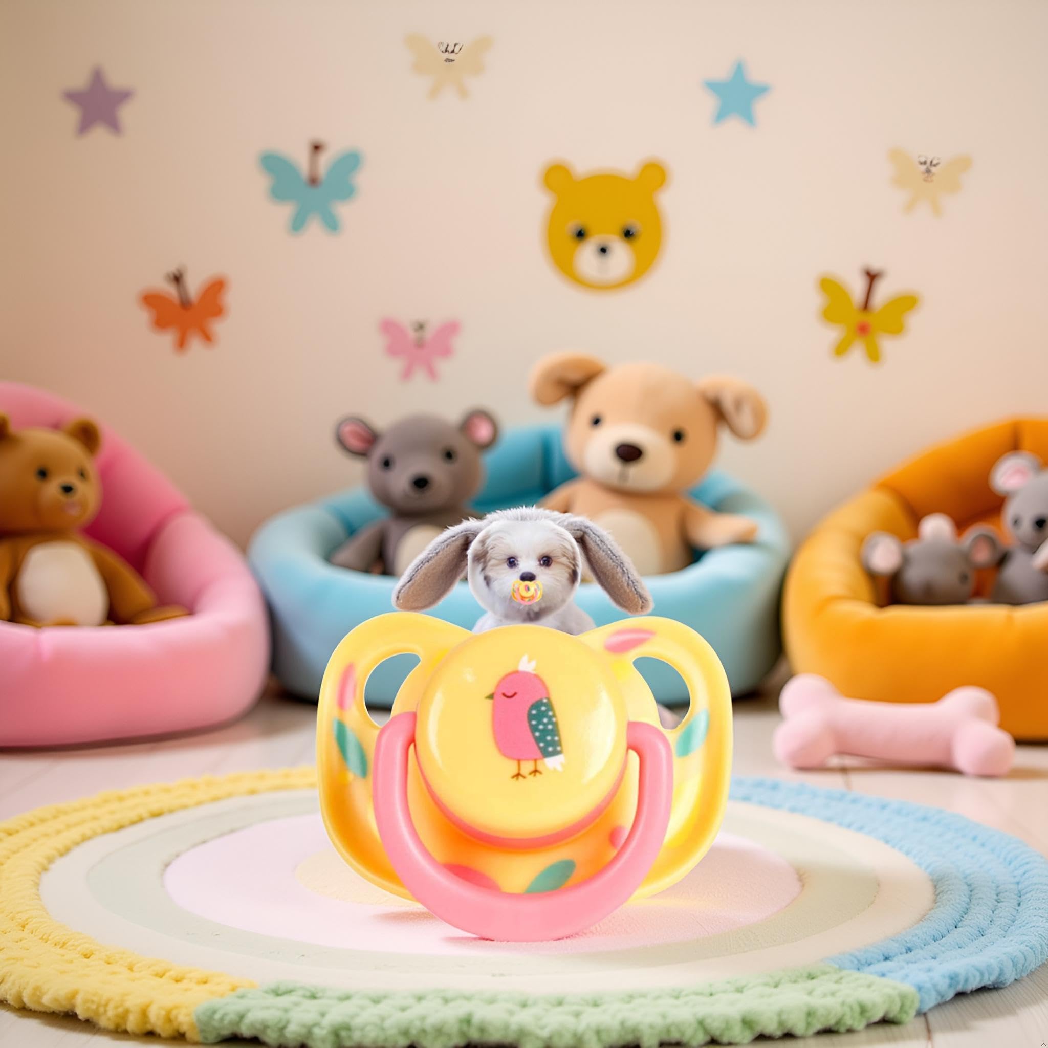 Jizlan Pet Silicone Calming Pacifier in-use scene demonstrates calming routine during teething.