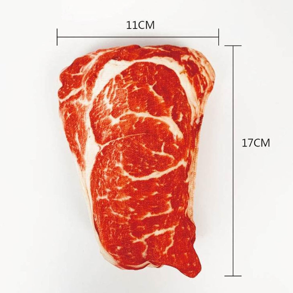 Jizlan Realistic Steak Plush Toy close-up highlights durable plush fabric for small dogs.