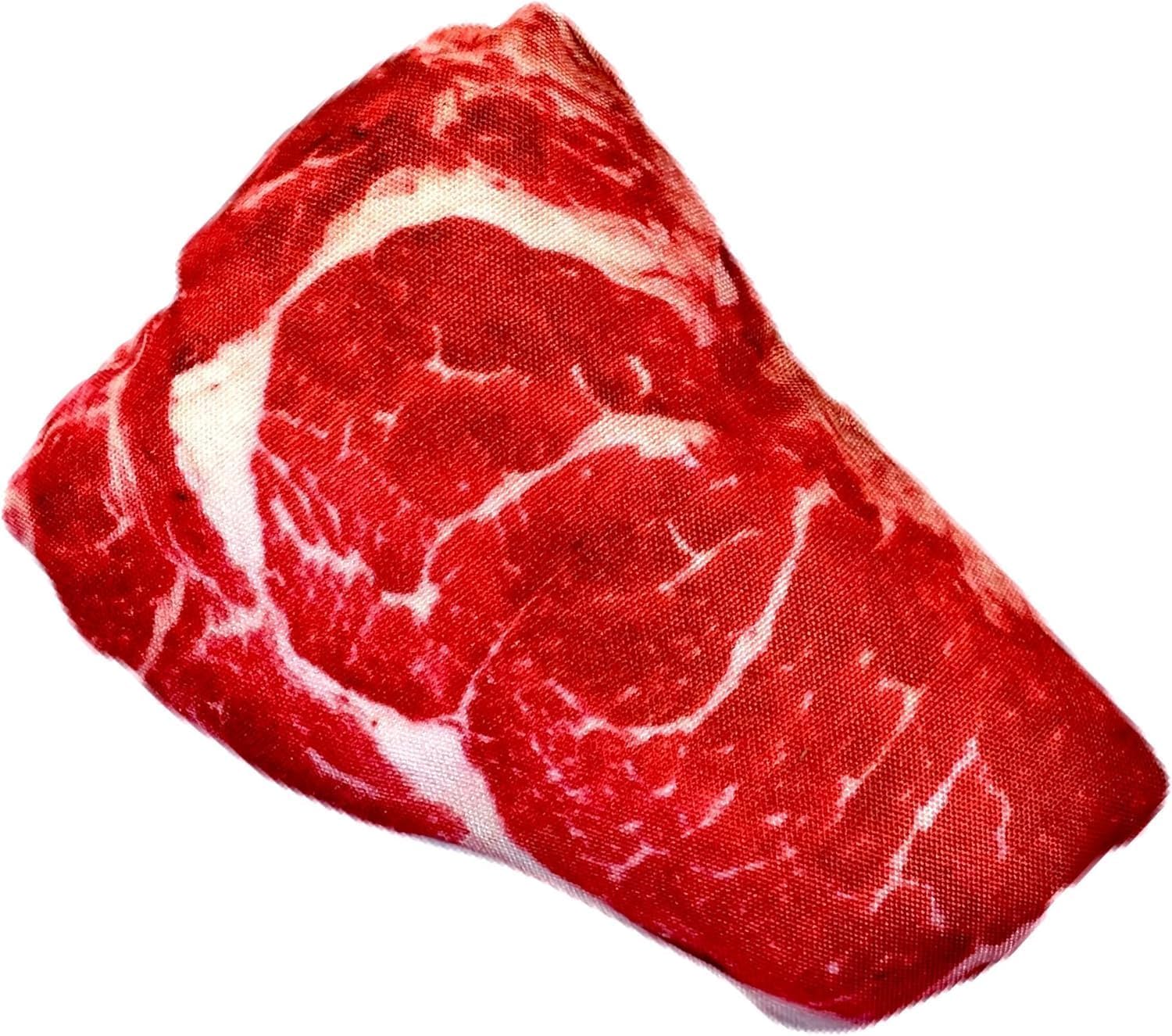 Jizlan Realistic Steak Plush Toy close-up shows lifelike texture for interactive chewing.