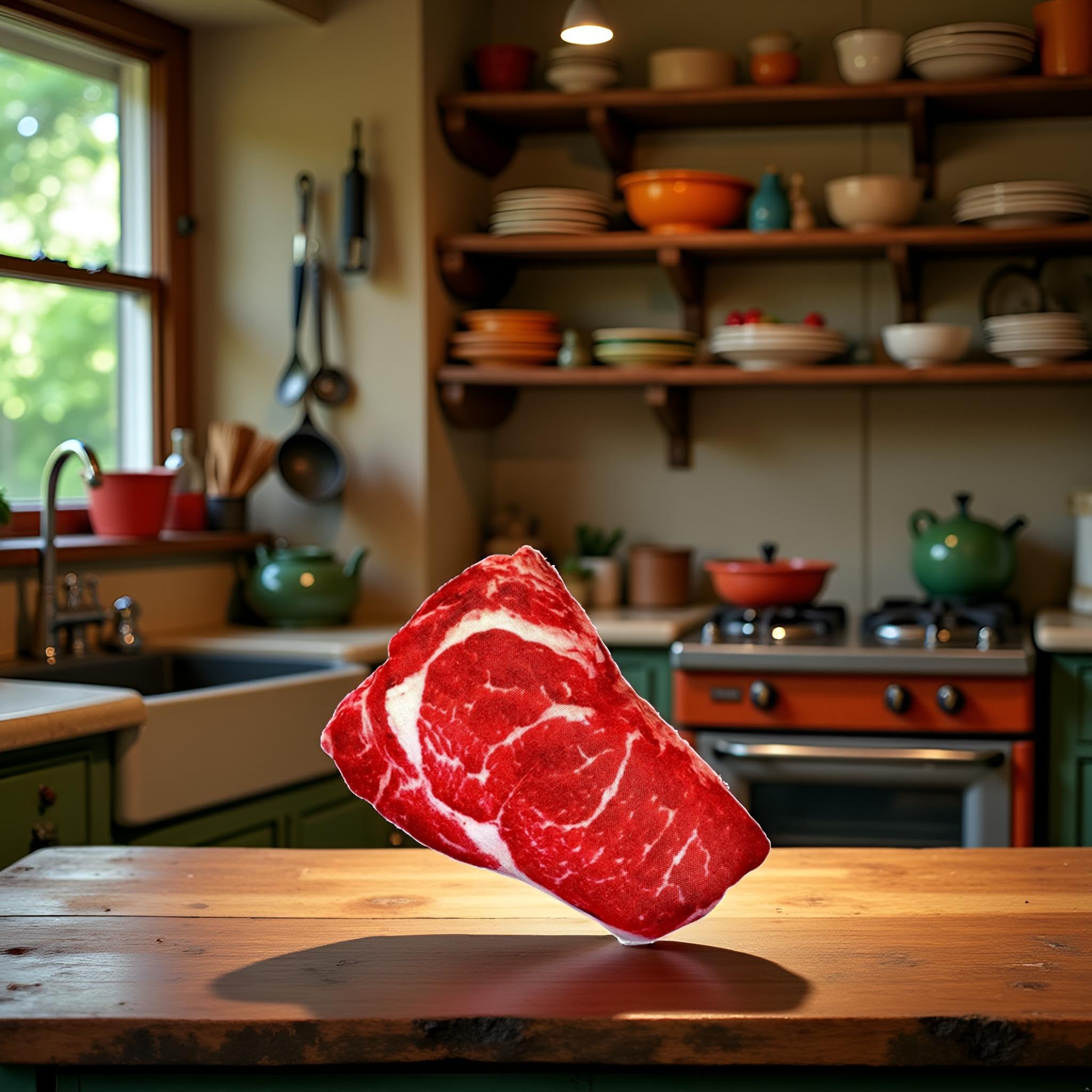 Jizlan Realistic Steak Plush Toy squeaker close-up encourages active play sessions.